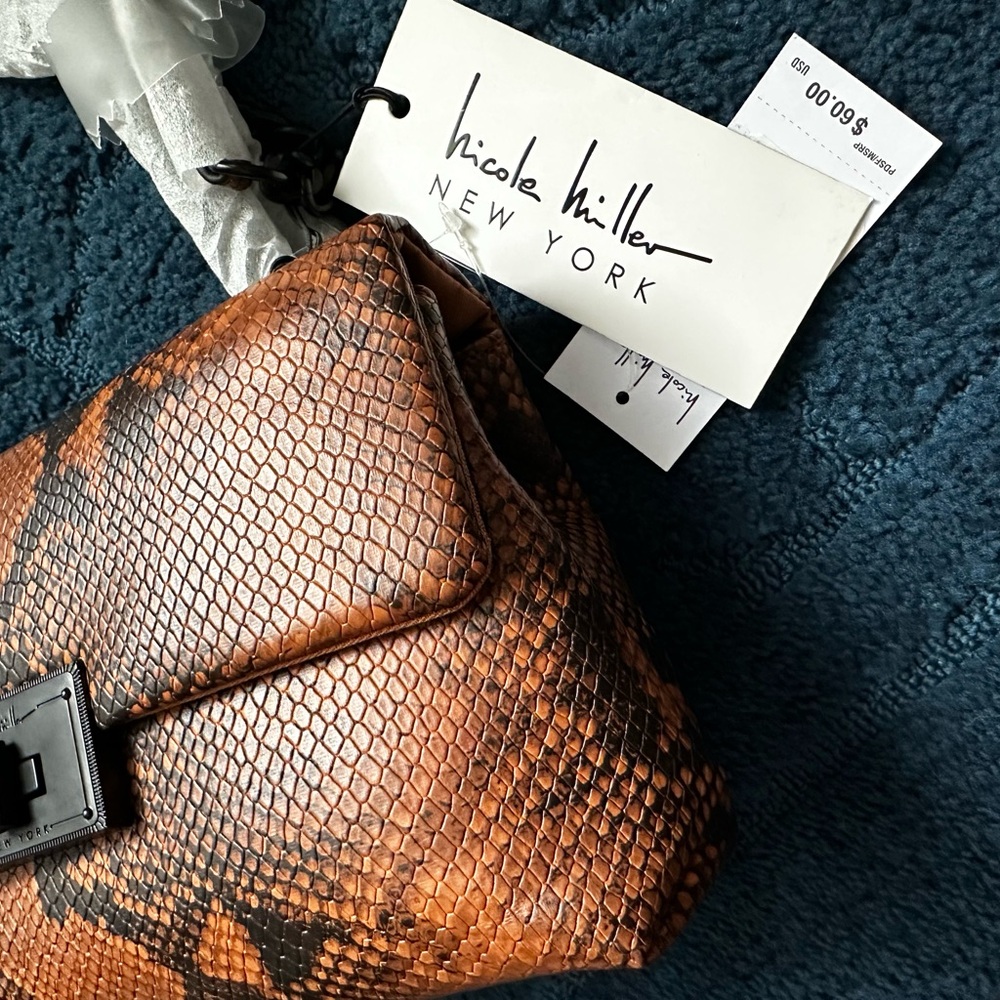 NWT Nicole Miller Brown Snake Print Women Bag with Chain detail strap